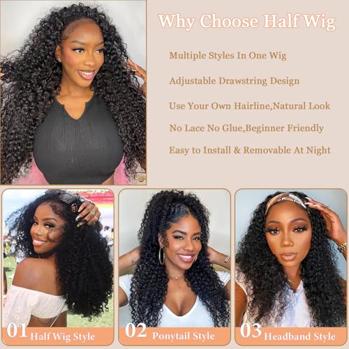 MISSJAY Kinky Curly Half Wig Human Hair 18 Inch 3 In 1 Seamless Flip Over Half Wigs 200% Density Beginner Friendly Drawstring Headband Wig Wear And Go Glueless Wigs for Women