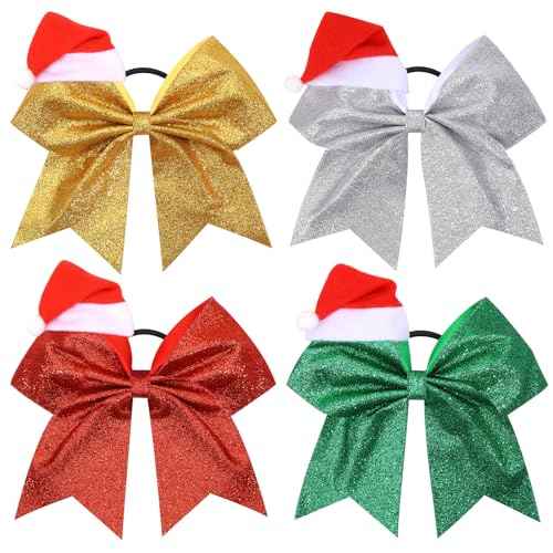 4 PCS 7" Christmas Large Glitter Cheer Bows for Cheerleaders, CN Sparkly Hair Bows with Elastic Hair Ties Accessories with Christmas Santa Hat for Teens Girls Women Party (Christmas B)
