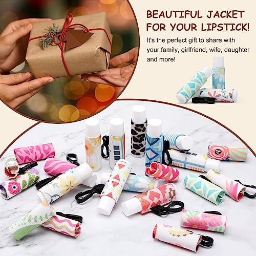 36 Pcs Lip Balm Holder Keychain Gloss Floral Patterns Lip Balm Sleeves with Clip Clip on Lipstick Keychain Sleeves Holder