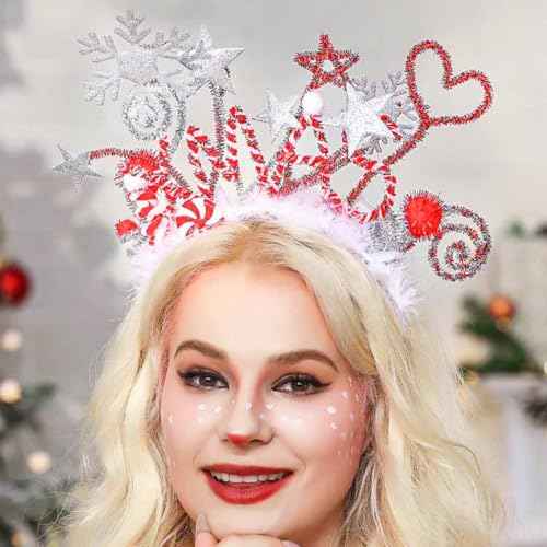 CASDRE Christmas Light up Headband Red White Xmas Candy Hair Hoop Stars Snowflake Sparkly Hair Accessories for Women and Girls