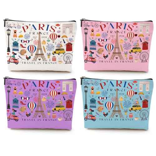 4pcs Funny Paris Travel Gifts for Women Makeup Bag France Paris Lovers Gift Birthday Mothers Day Christmas Cosmetic Bag Toiletry Bags Travel Essentials Friendship Gifts for Girls Friend Travelers