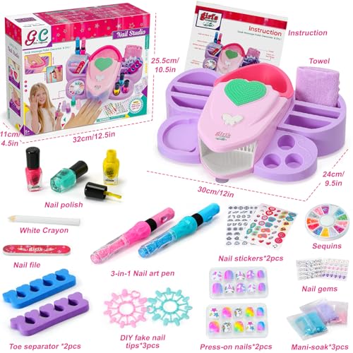 G.C Kids Nail Polish Set for Girls Toy 6-12 Years Old, Nail Art Kit Storage Desk with Nail Dryer&Hand Massage Spa Kit, Kid Manicure Salon Studio Stuff Christmas Birthday Gift Girl Ages 7 8 9 10 11 12