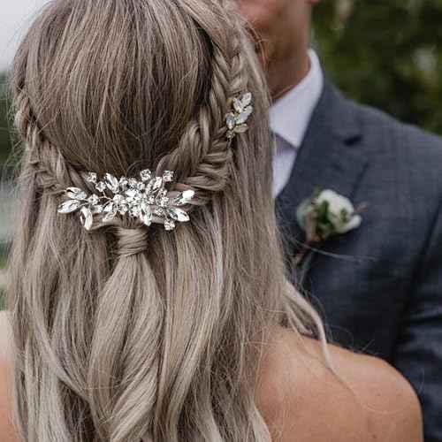 2PCS Silver Rhinestone Hair Combs, Clear Crystals Wedding Metal Hair Combs, Sparkly Crystal Bridal Hair Accessories for Bridesmaids Women Girls (3.31x1.97inch)