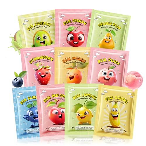10 Pack Kids Face Masks Spa,Fruit Face Masks Skincare for Kids,Moisturize Facial Masks for Women Skin Care,Christmas Birthday Gifts for Teen Girls,Suitable for All Skin Types
