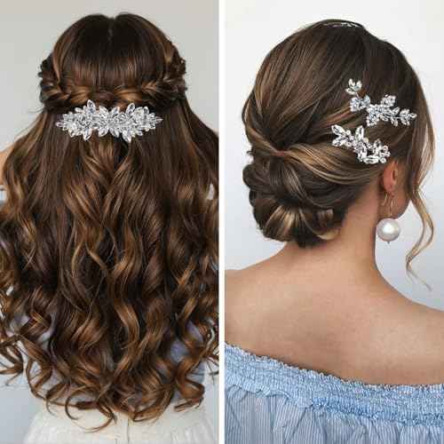 4 Pieces Rhinestone Hair Clips Leaf Wedding Hair Pins Crystal Bobby Pins Silver Bridal Hairpin Barrette for Brides Bridesmaids Flower Girls