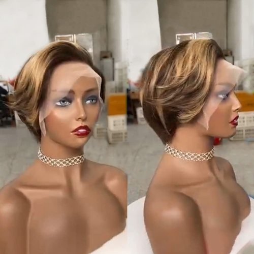 QTIKER 13x4 Pixie Cut Short Bob Wig Highlight Honey Blonde Brown Color Straight Short Bob Transparent Lace Front Human Hair Wigs For Women Brazilian Virgin Hair 150 Density Pre Plucked