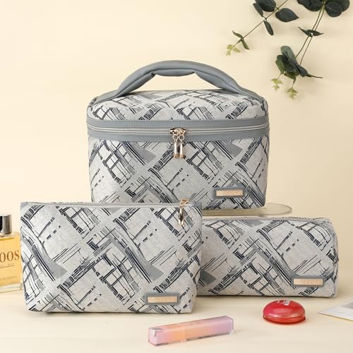 Richeart 3PC Makeup Bag Set, Cationic Jacquard Large Cosmetic Organizer, Back-Coated Solvent-Free Travel Toiletry Bag for Women - Gray