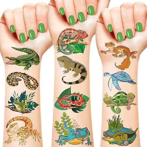 144PCS Reptile Party Favors Reptile Temporary Tattoos Alligator Lizard Gecko Snake Turtle Themed Tattoos Stickers for Kids Reptile Party Supplies Decorations Jungle Gift Classroom Prize Rewards