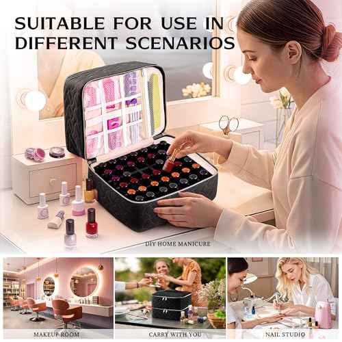 DreamGenius Nail Polish Organizer Case Holds 42 Bottles, Portable Double-Layer Nail Polish Storage Bag with Adjustable Dividers for Manicure Tools, Black