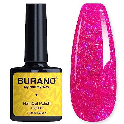 BURANO Glitter Gel Nail Polish - LED UV Curing, Holographic Effect, No Chip Sparkle Gel - Hot Pink (LP14)