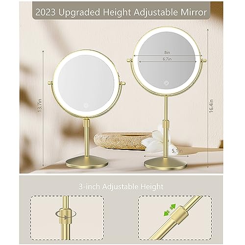 8" Lighted Makeup Mirror, 1X/10X Magnification, Double Sided Dimmable, Rechargeable & Height Adjustable, Cordless Vanity Mirror (Gold)
