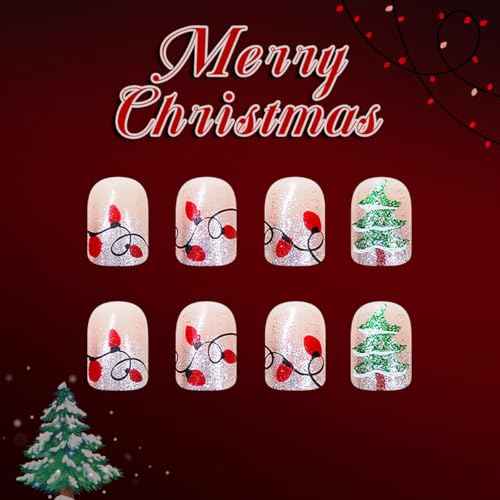 Christmas Press on Nails Lamp Fake Nails Silver Glitter French Tip False Nail with French Tip Design Xmas Tree Glue on Nails Acrylic Nail Glossy Full Cover Stick on Nail for Women Manicure 24Pcs
