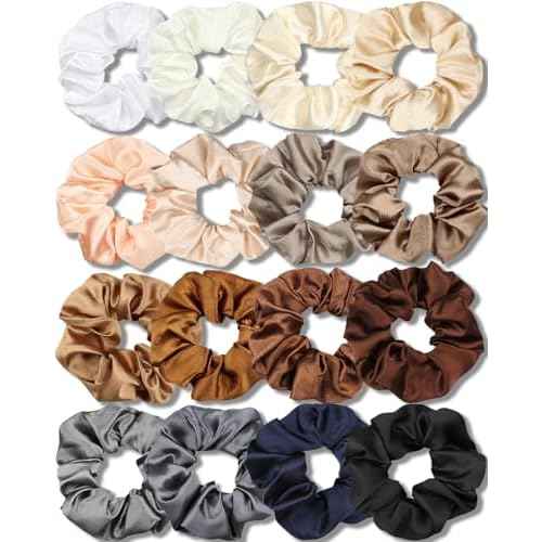 IVARYSS Satin Scrunchies for Women, Soft Than Silk for Hair, Fashion Ties and Bands for Thin | Thick Hair Styling, 16 Pack (Neutral Color)