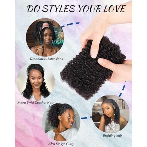 Afro Kinkys Bulk Human Hair Extensions,Kinky-Curly Real Human Hair for Dreadlocks/Locs Repair, Twist & Braid, Crochet Human Braiding Hair Bundles, Natural Black, 16 Inches 4 Packs
