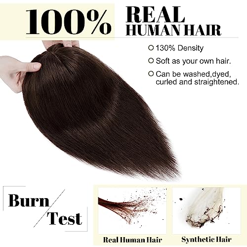 SEGO Hair Toppers for Women With Bangs Real Human Hair, 130% Density 10 * 12CM Silk Base Clip in Top Wiglet Hairpieces for Thinning Hair-10 Inch 02 Dark Brown
