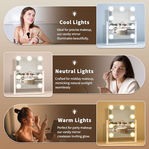 Generic Vanity Mirror with Lights, 9 Dimmable Bulbs, 3 Color Lighting Modes, Detachable 10x Magnification, Touch Control, Tabletop Mount, 3"L x 2"W, White