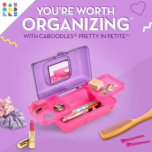 Caboodles Pretty in Petite Makeup Box, Two-Tone Purple Sparkle on Pink Sparkle, Hard Plastic Organizer Box, 2 Swivel Trays, Fashion Mirror, Secure Latch for Safe Travel