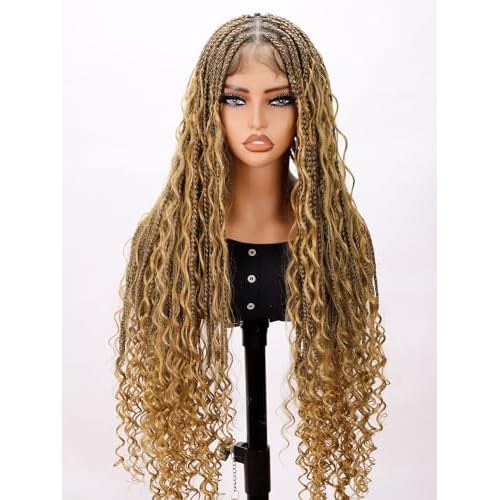 Boho Braided Wigs for black women, Knotless Box Ombre Black to Honey Brown Bohemian Braid Wig, Full Double Lace Ombre Braided Wig