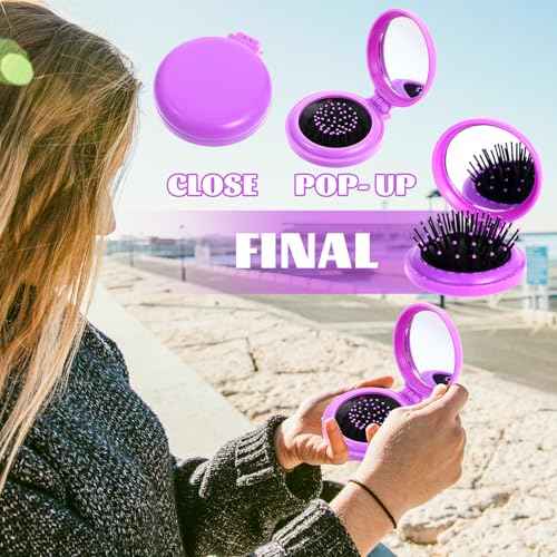 10pcs Folding Hair Brush Mirror Compact Travel Comb Portable Pocket Pop Up Hairbrush with Soft Nylon Bristle Mini Colourful Hair Brush Gift for Women Girls Purse Handbag Christmas