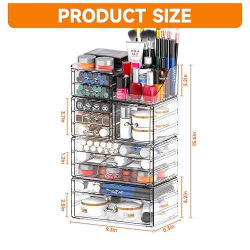 Acrylic Clear Makeup Organizer Countertop,Stackable Skincare Organizer for Vanity With 11 Drawer,Large Plastic Desk Accessories Organization,Bathroom Cosmetic Organizer Countertop for Beauty,Skin Care