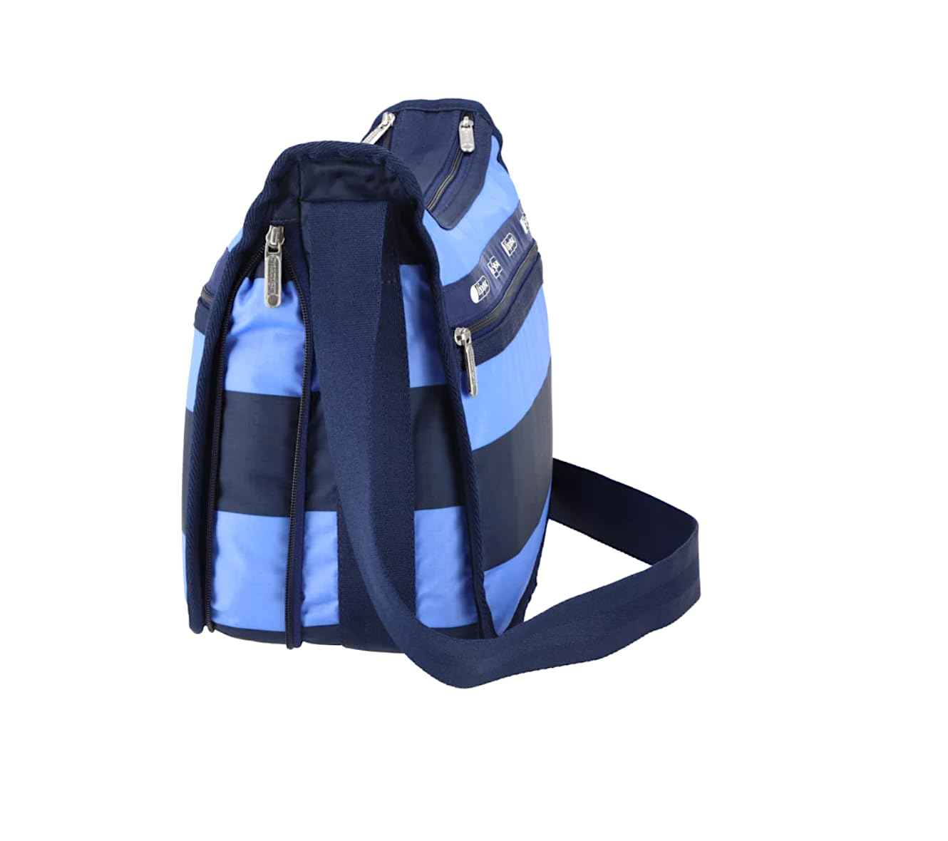 LeSportsac Classic Rugby Periwinkle Deluxe Everyday Crossbody Bag + Cosmetic Bag, Style 7507/Color E758, Timeless Navy Blue & Modern Periwinkle Stripes Unite, Bold Modern Nautical Inspired Theme