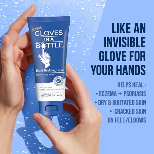 Gloves In A Bottle Psoriasis Eczema Relief Hand Lotion Travel Size - Shielding Lotion for Women, Men, 6 months old or older babies - Cracked Hands Repair Cream - 3.4 oz