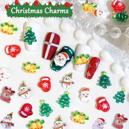 60pcs 3D Cartoon Christmas Nail Charms, Cute Elk Snowman Christmas Nail Art Charms Santa Claus Nail Charm Xmas Tree Gloves Christmas Bells Resin Charms for Nails Kawaii Nail Charms Nail Accessories