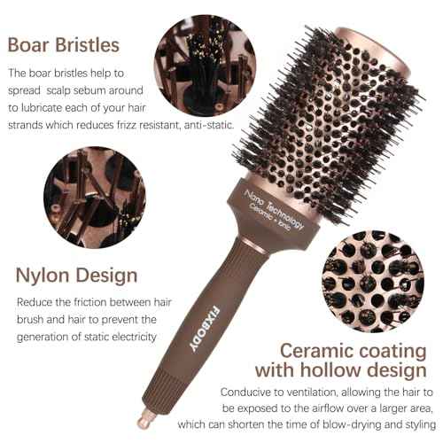 FIXBODY Hair Brush, Round Brush for Blow Drying, Curling, Styling, Nano Thermal Ceramic & Ionic Tech, Boar Bristle, 3.3 inch, 2 inch Barrel, for Women, Volume & Shine, Brown, Hair Brush for Thick Hair