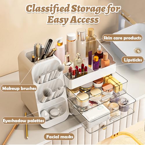 Makeup Organizer Countertop, Vanity Organizer with Brush Holder, Cosmetic Display Case with Drawers, Skincare Organizer for Dresser, Bathroom, Makeup Storage Holder for Women Christmas gifts