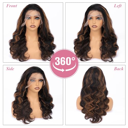 13x6 Ombre Lace Front Wig Human Hair 1B/30 Body Wave Lace Frontal Wigs Human Hair Pre Plucked 180% Density Highlight HD Lace Front Colored Wig Human Hair Glueless Balayage Wig for Women 20 Inch