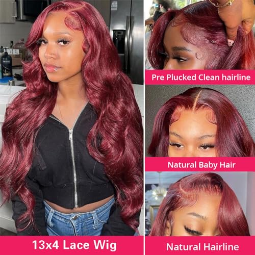 99j Burgundy Lace Front Wigs Human Hair 26 Inch 13x4 Body Wave Lace Front Burgundy Wigs Human Hair Pre Plucked With Baby Hair Glueless Wine Red Body Wave Wig HD Transparent Frontal Wig for Women