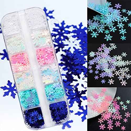 12 Grids Snowflake Nail Art Glitters 3D Snowflakes Nail Glitter Flakes Confetti Design Snowflakes Nails Stickers Decals Winter Christmas Glitter Sequins Nails Art Supplies for Women Grils Decor Xmas