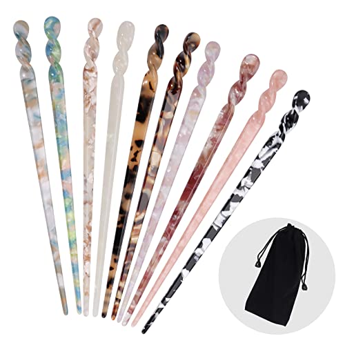 10 Pieces Acetate Hair Sticks, Women Styling Hair Vintage, Leopard Print Tortoise Shell Hairpin, Girls Chopsticks Hairpins, Disk Hair Sticks for Long Hair, Hair Accessories with Flannelette Bag