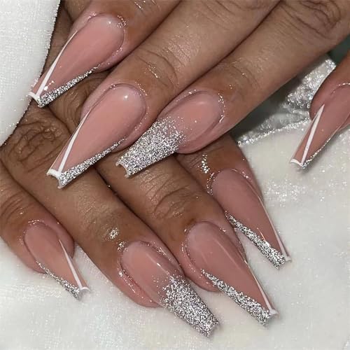 Press on Nails Long Coffin French Acrylic Fake Nails with Silver Glitter Design Glue on Glossy Full Cover Artificial Gel False Stick on Nail for Girls Women Wedding Manicure Gifts 24Pcs