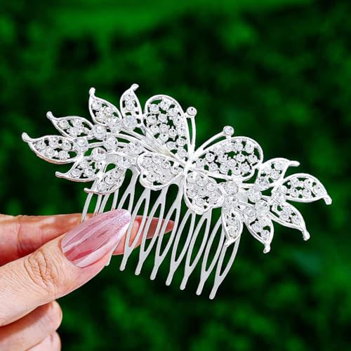 Foyte Crystal Wedding Hair Comb Rhinestone Bride headpiece Silver Butterfly hair piece Leaf Side Hair Combs for Women and Brides