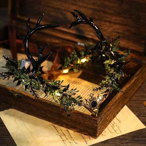 MOSTORY Light up Elf Crown - Black Antler Headpiece Gothic Flower Circlet Elven Woodland Tiara for Women Renaissance Fair Cosplay Halloween Costume Photo Shoot