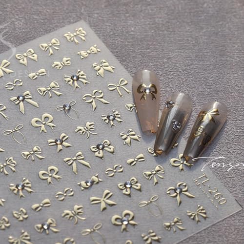 5D Embossed Bow Nail Stickers - Gold Bow Nail Art Decals with Rhinestone Knot Designs for Women's Manicure