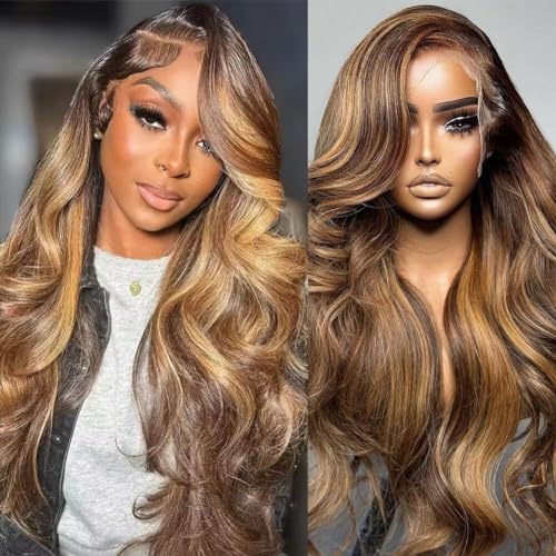 Azkiu Highlight Ombre Lace Front Wig Human Hair 13x4 HD 4/27 Honey Blonde lace frontal Wigs Pre Plucked with Baby Hair 150% Density Colored Body Wave Lace Front wig Human Hair Natural Hairline 14Inch