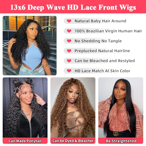 13x6 Deep Wave Lace Front Wigs Human Hair for Women HD Transparent Deep Curly Lace Frontal Wigs Pre Plucked with Baby Hair Natural color(26 Inch)