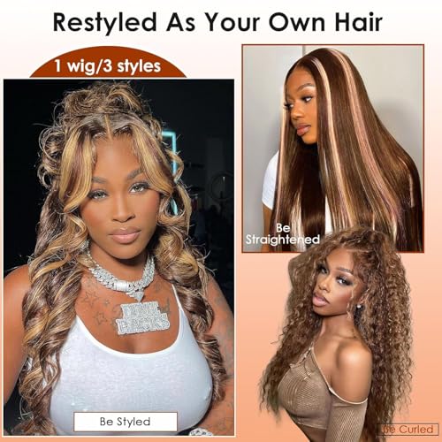 AMIRTY Highlight Ombre Lace Front Wig Human Hair Honey Blonde Body Wave 13x6x1 HD Lace Front Wigs Human Hair Pre Plucked 250 Density Brown 4/27 Colored Lace Frontal Glueless Wigs for Women 20 Inch