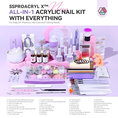 SAVILAND Acrylic Nail Kit with Everything: Professional Nail Kit Acrylic Set with EMA Monomer Nail Drill Gel Polish for Nail Extension 3D Carving Sculpture Home Salon Use Christmas Gift Set