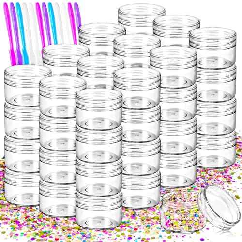 MotBach 40 PCS 15g Empty Plastic Containers with Clear Lids, Small Makeup Containers, 0.5oz Small Sample Jars Round Travel Cosmetic Jars with Spatulas for Liquid Cream Lotion Powder