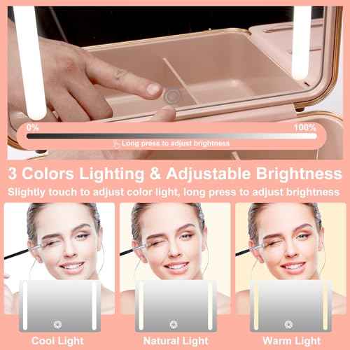 Mocado Travel Makeup Case with Lighted Mirror, Makeup Box with 8 Makeup Brushes and 10x Magnifying Mirror, Adjustable Brightness Makeup Train Case with Makeup Brushes Divider(Rose Gold)