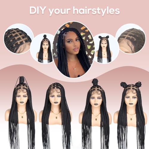 36 Inch Full Lace Braided Wigs for Black Women, 360¡Æ HD Single-layer Square Knotless Box Braid Wig with Baby Hair Handmade Synthetic Hair Blended Lace Front Wig Natural Black