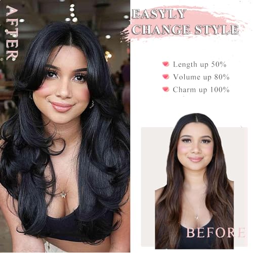 Purple Wig with Bangs Long Wavy Purple Layered Wig with Curtain Bangs for White Black Women,Synthetic Layered Long Wavy Shaggy for Women 24inch