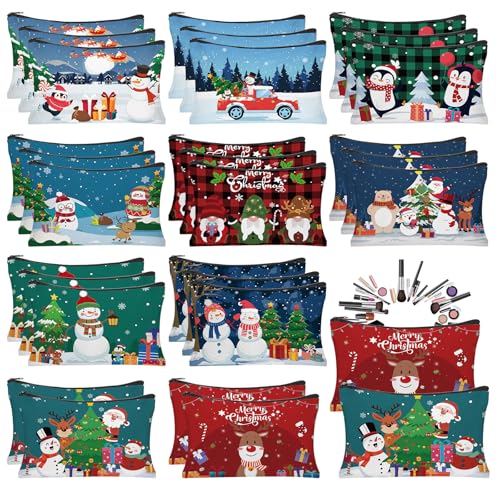 30Pcs Christmas Makeup Bags Canvas Cosmetic Bags with Zipper Portable Santa Gnomes Snowman Xmas Canvas Gift Bag Goodie Bag Travel Toiletry Pouch for Women Holiday Present Xmas Party Gift