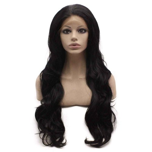 MX angel Long Wavy Lace Wigs Deep Part 13x6 Inch Half Hand Tied Natural Black Synthetic Lace Front Wig