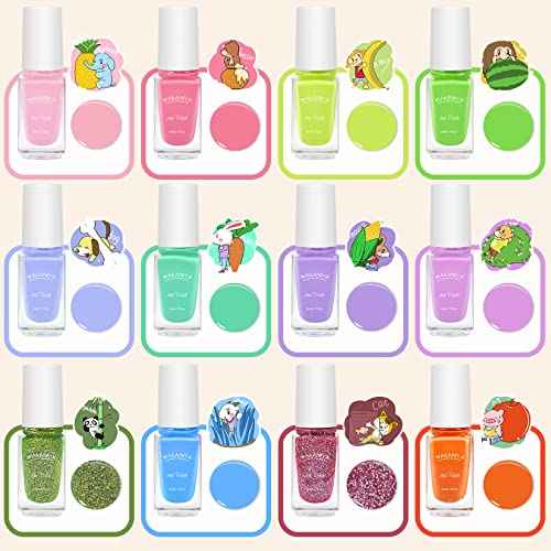 Kids Nail Polish, Non-Toxic Toddler Nail Polish Water-Based Peel-Off Quick Dry Low Odor 12 Candy Colors Mini Nail Kit for Girls