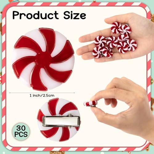 Christmas Candy Hair Clips - 30 Pcs Red and White Peppermint Snap Clips for Women Girls Bulk Holiday Party Favors, Christmas Stocking Filling, Classroom Gifts, DIY Hair Accessories for Xmas