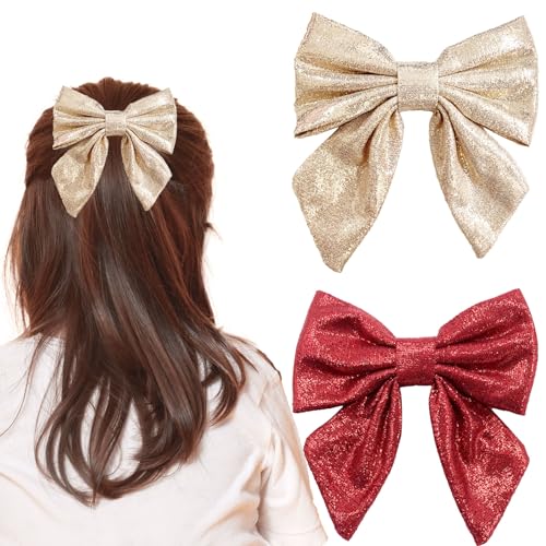 2Pcs Christmas Bow Claw Clips for Women Girls, Metal Claw Clips Glitter Bow Hair Clips Non Slip Strong Hold Fashion Hair Accessories for Women Girls Kids (Red and Gold)